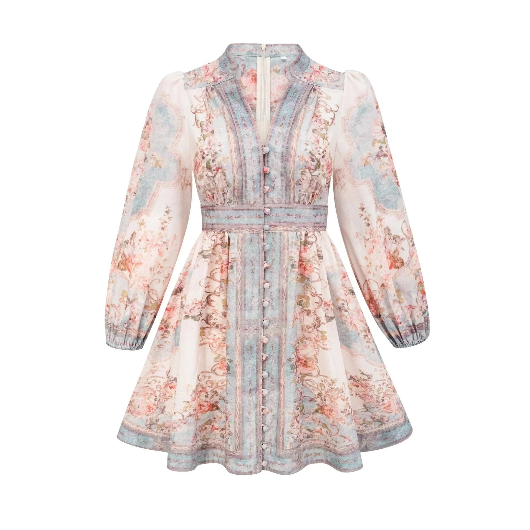 Rosetta Mini Dress White & Blue Floral V - Neck Button Fastening