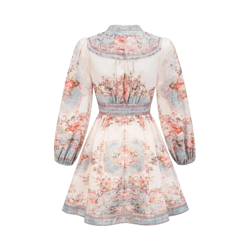 Rosetta Mini Dress White & Blue Floral V - Neck Button Fastening
