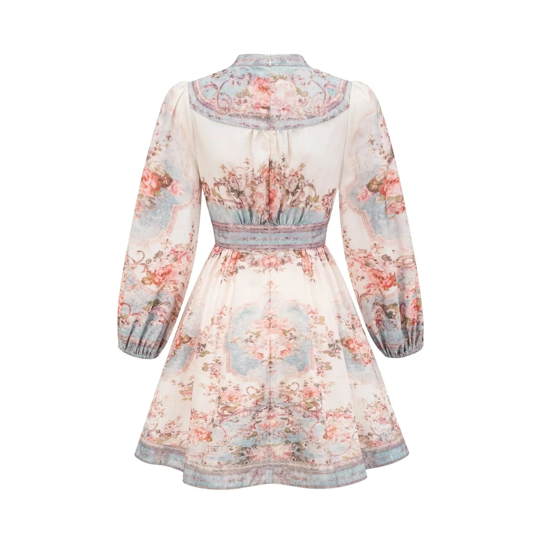 Rosetta Mini Dress White & Blue Floral V - Neck Button Fastening