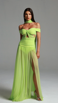 Rossella Green Off the Shoulder Maxi Dress with Hollowed-Out Detailing and Thigh-High Slit