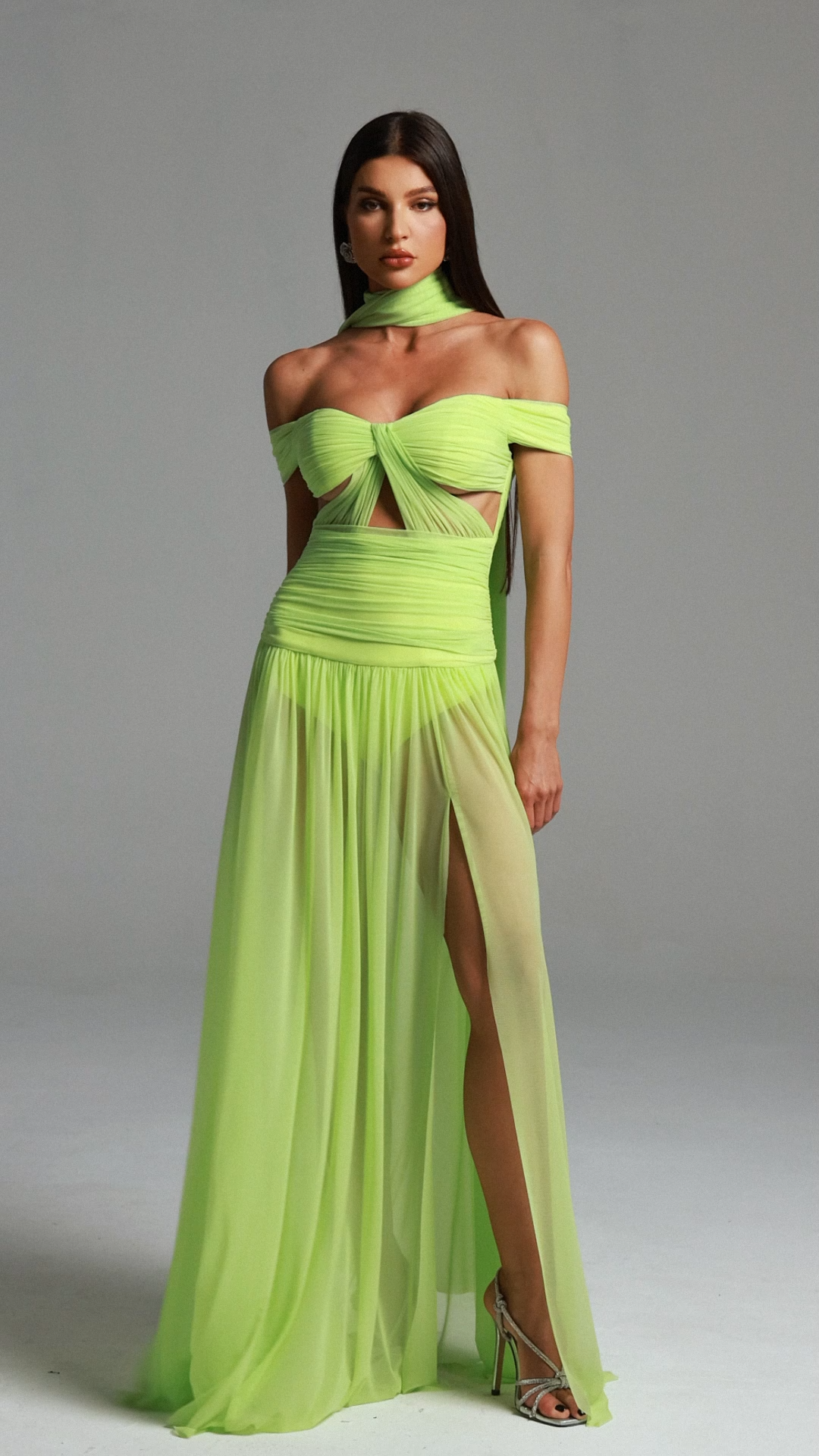 Rossella Green Off the Shoulder Maxi Dress with Hollowed-Out Detailing and Thigh-High Slit