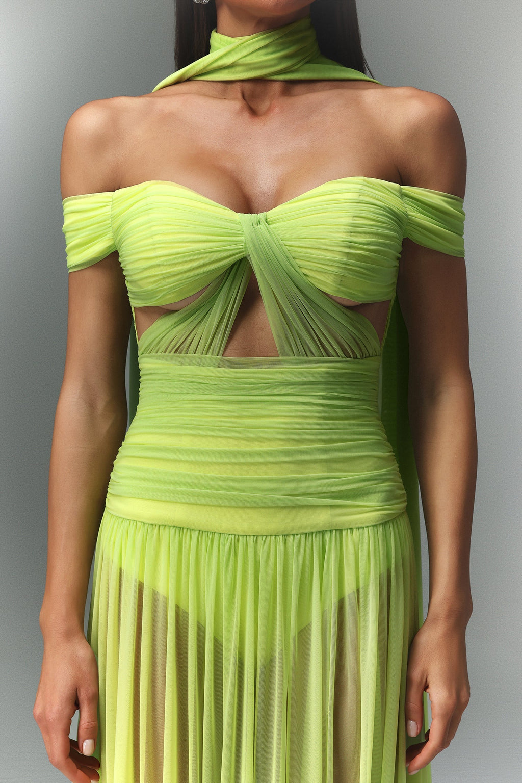 Rossella Green Off-Shoulder Maxi Dress with Hollowed-Out Detailing and Thigh-High Slit for Evening Events or Special Occasions
