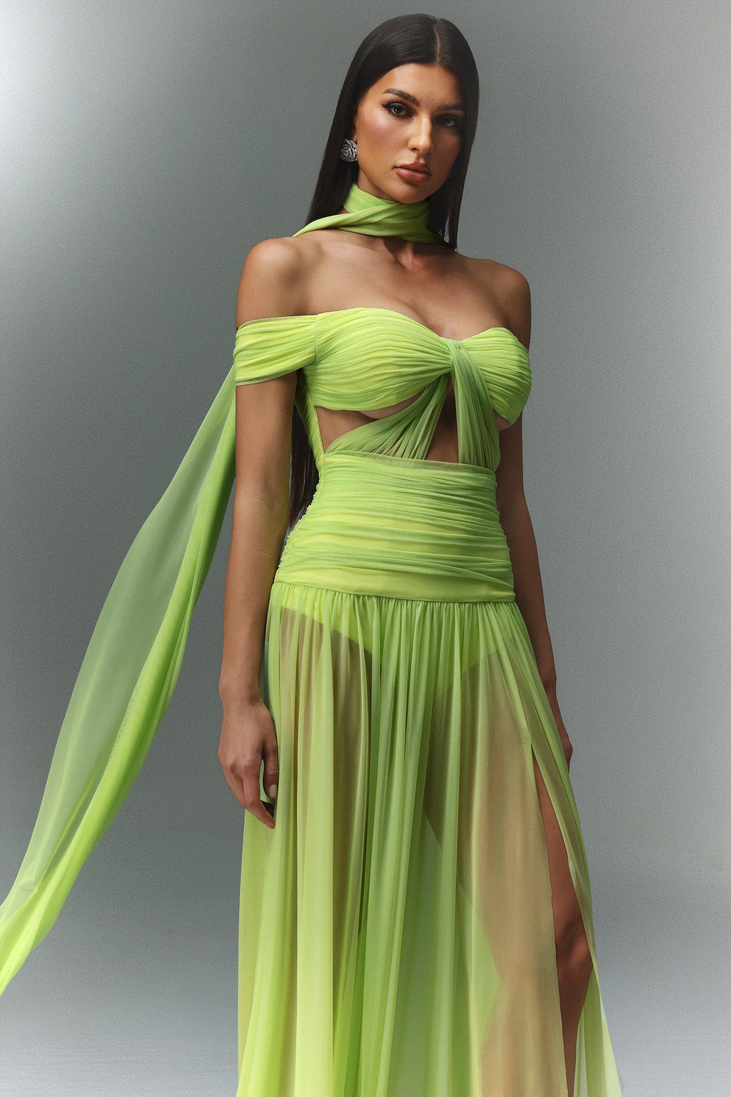 Rossella Green Off-Shoulder Maxi Dress with Hollowed-Out Detailing and Thigh-High Slit for Evening Events and Special Occasions