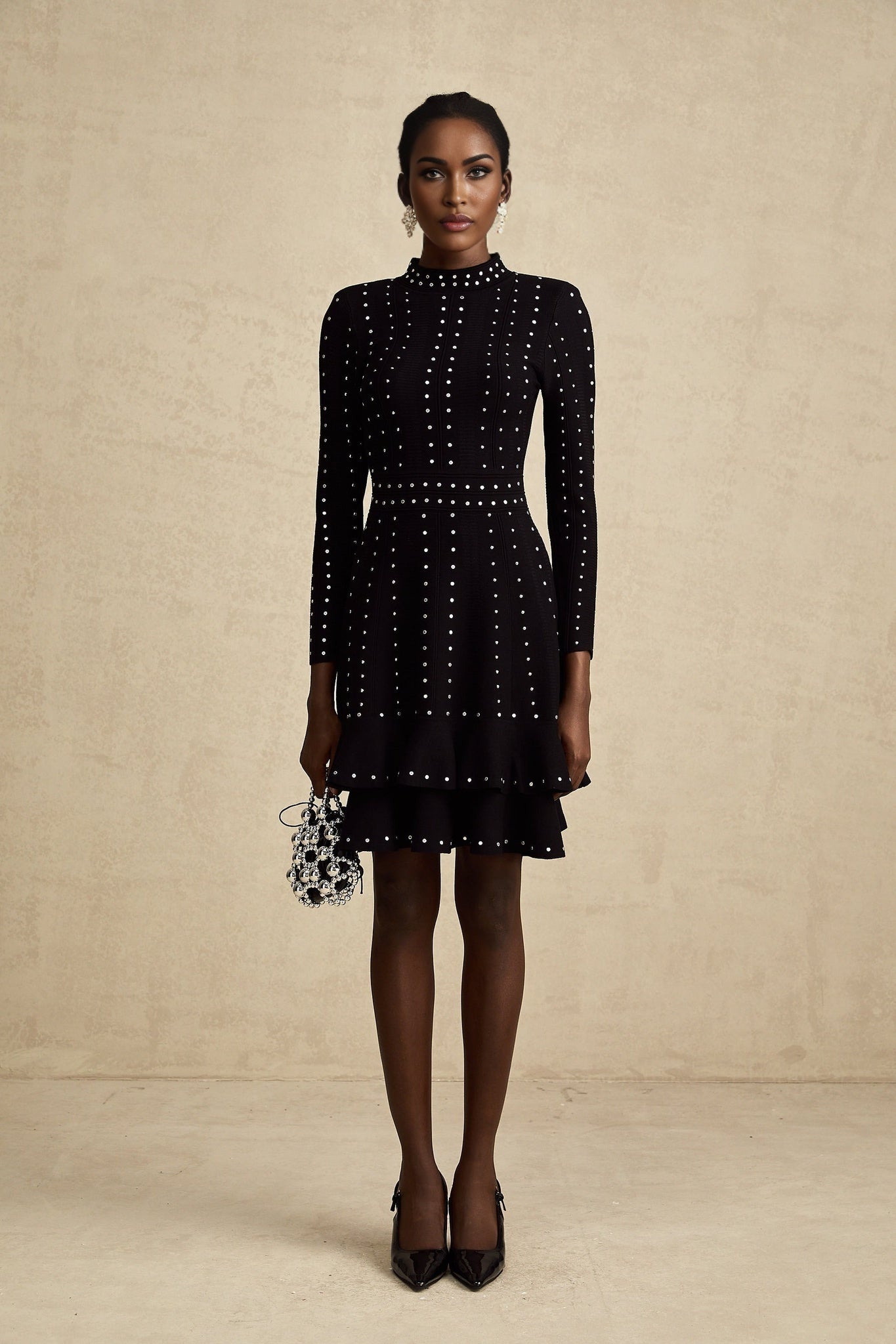 Rossella Mini Dress Black Tiered Ruffled Knit