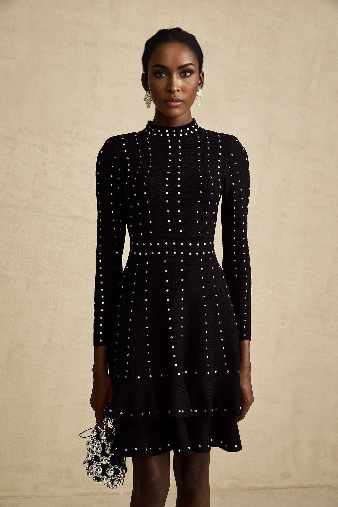 Rossella Mini Dress Black Tiered Ruffled Knit