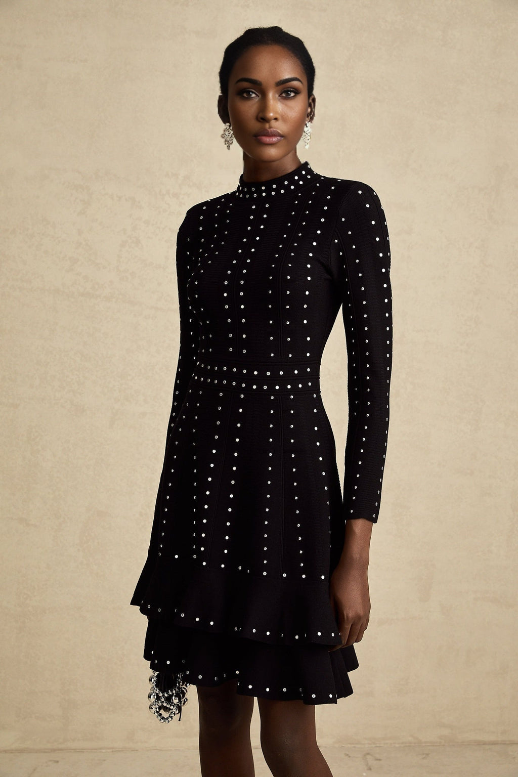 Rossella Mini Dress Black Tiered Ruffled Knit