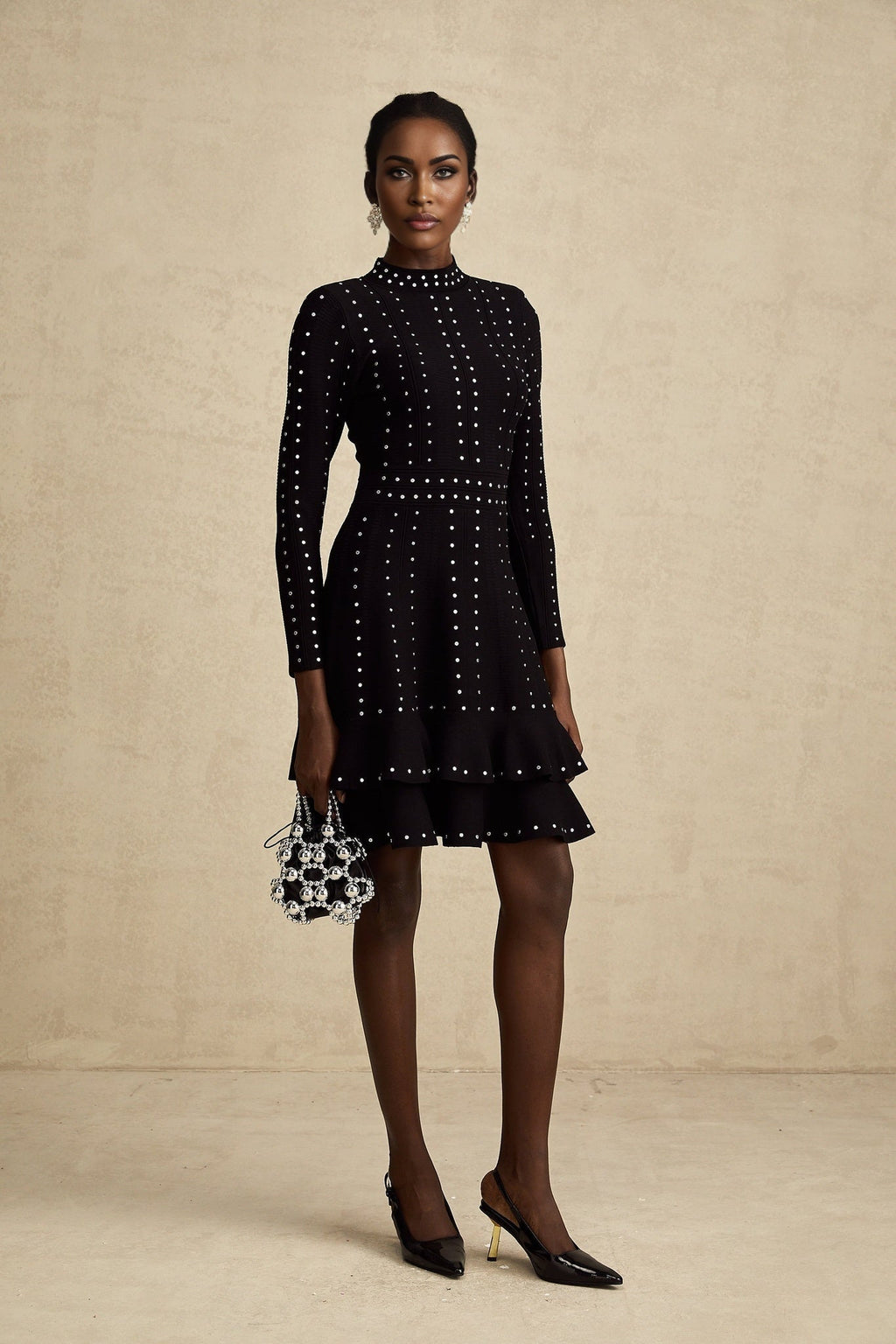Rossella Mini Dress Black Tiered Ruffled Knit
