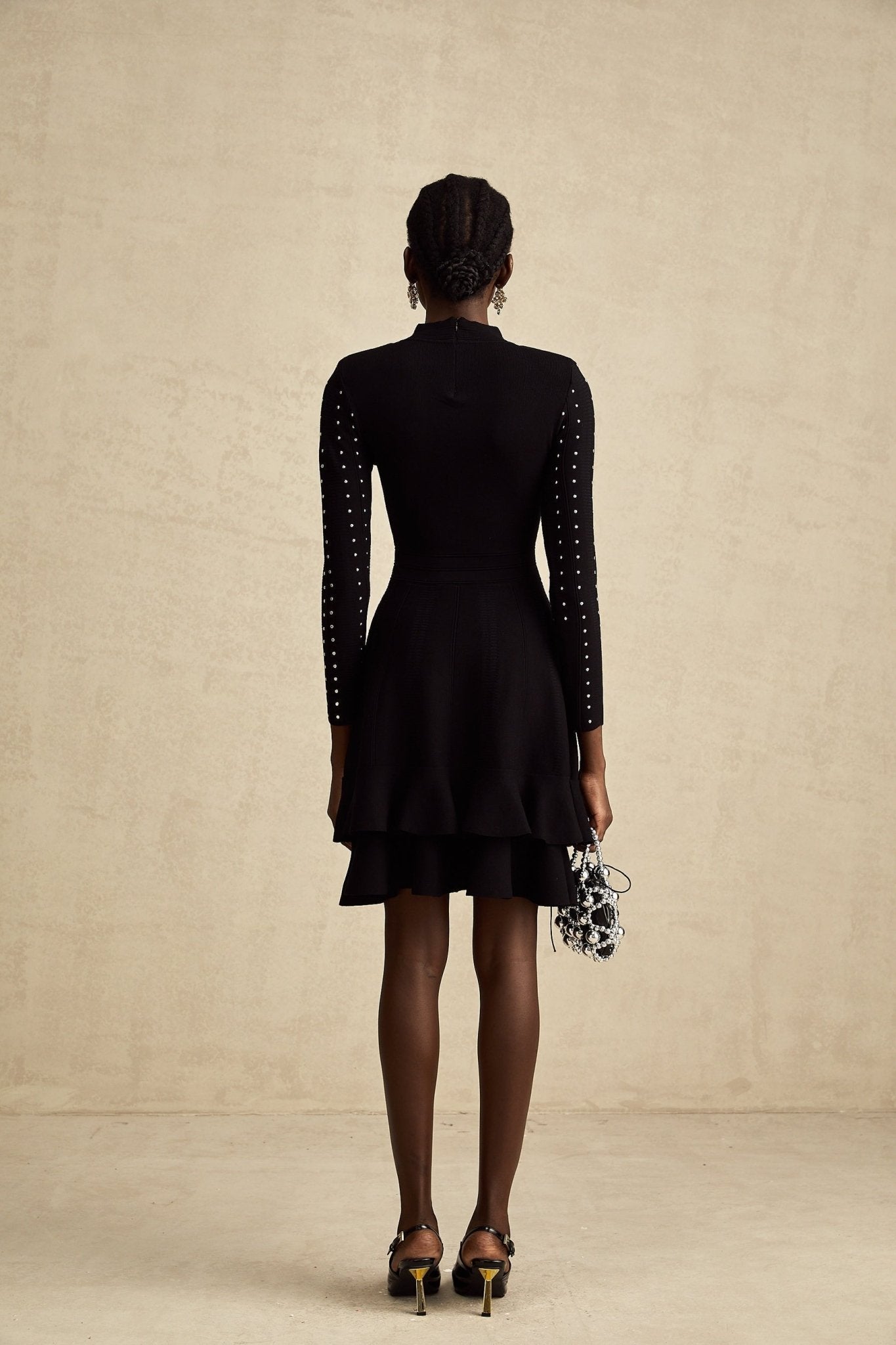 Rossella Mini Dress Black Tiered Ruffled Knit