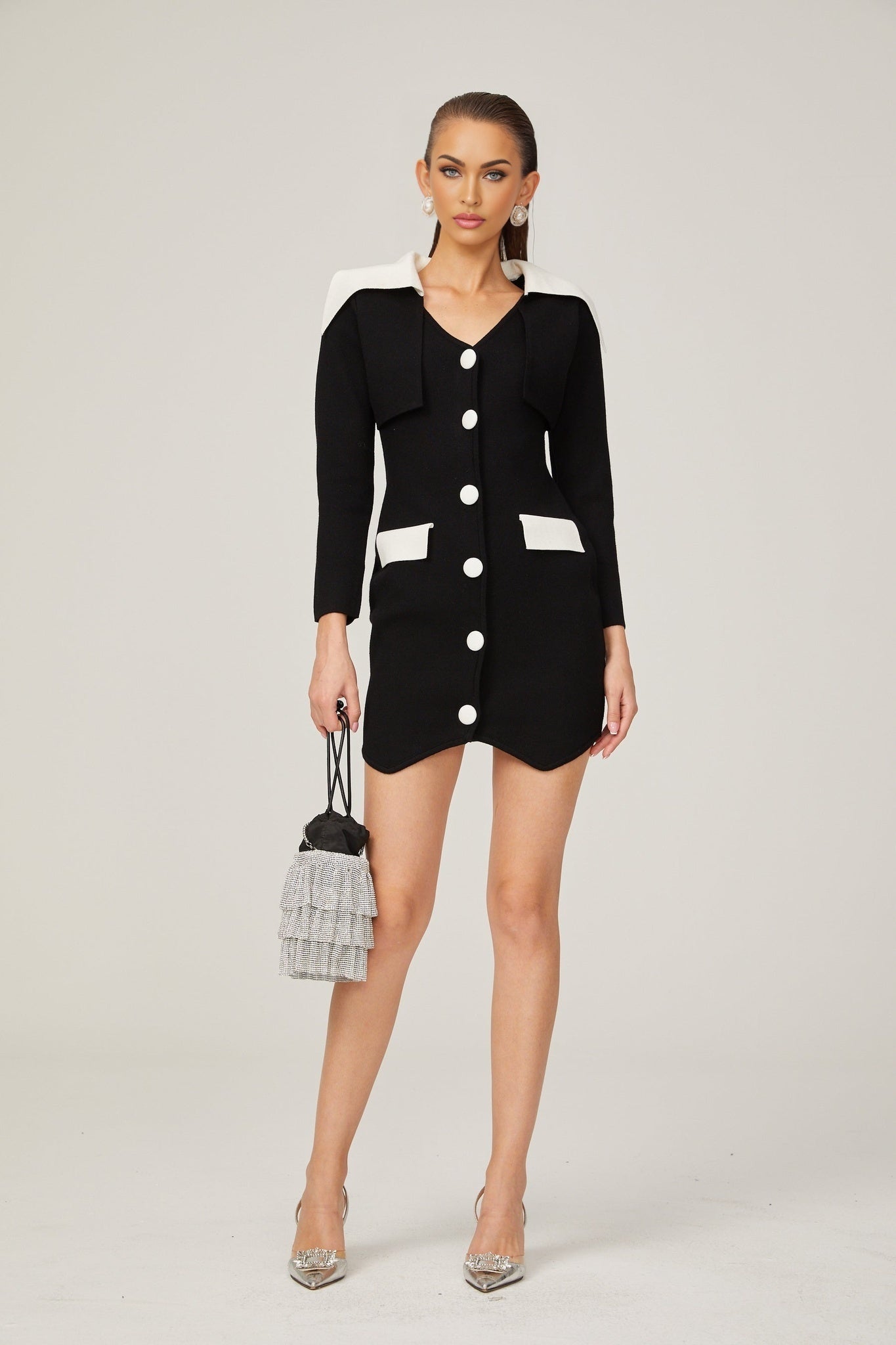 Rossella Mini Dress Black White Contrast V Neck Thigh Button