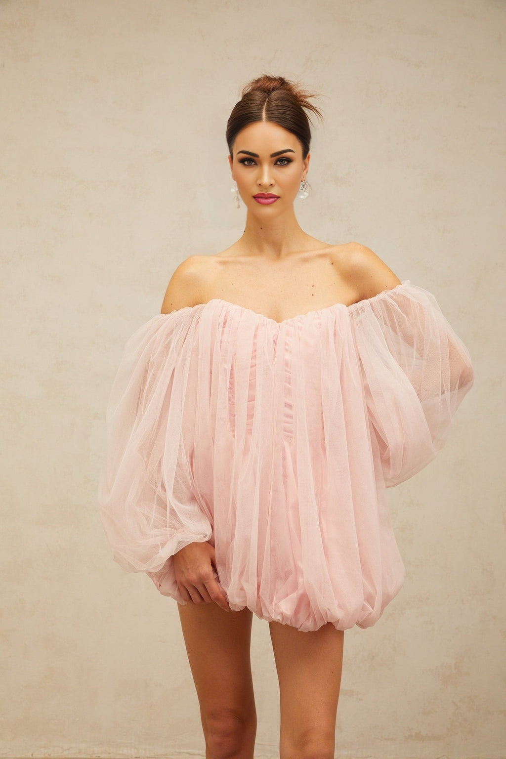 Rossella Mini Dress Pink Tulle Off Shoulder Bubble Detail