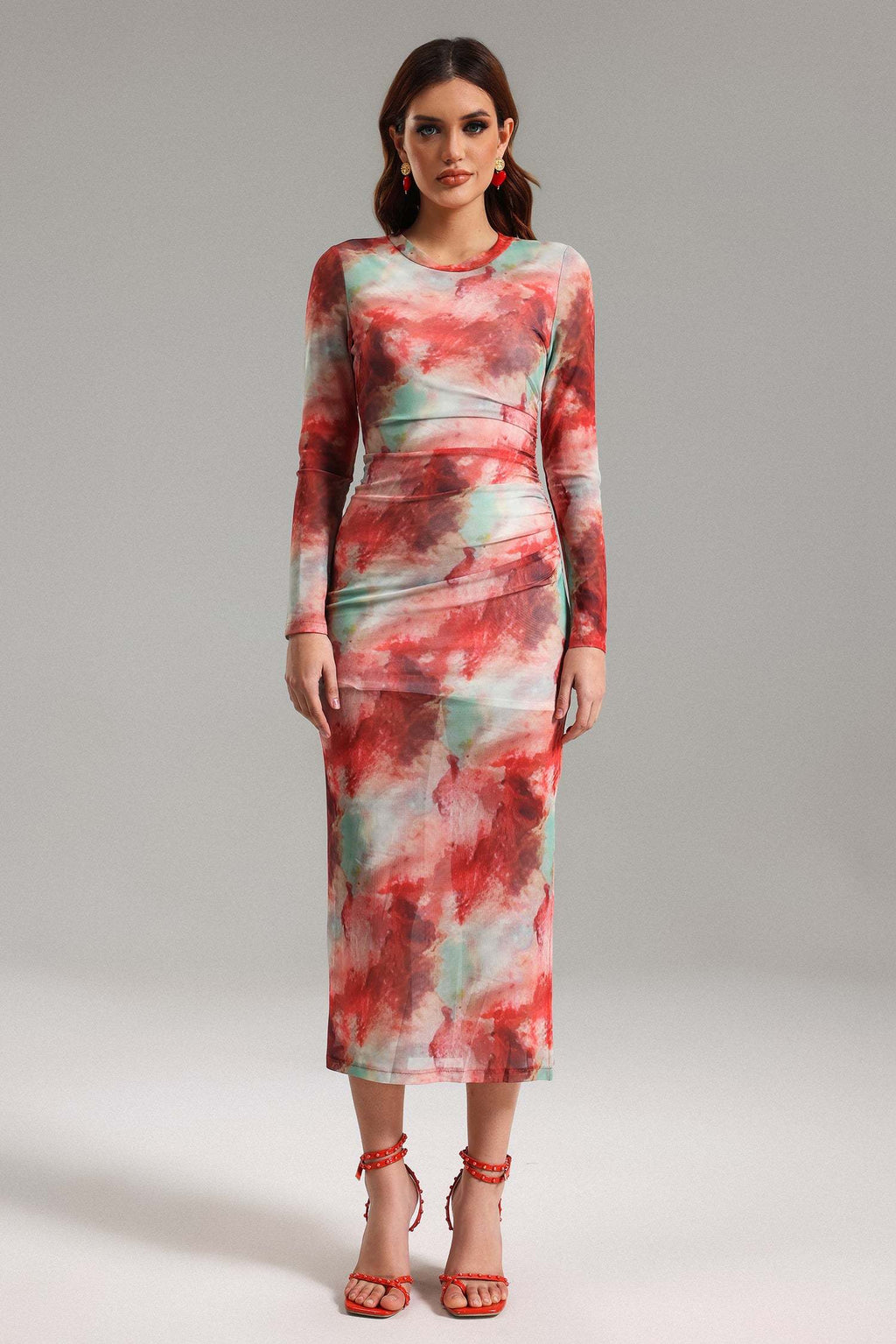 Rossella Red Watercolor Print Fitted Midi Dress Long Sleeves Crew Neckline Soft Mesh Fabric Elegant Contemporary Fashion