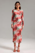 Rossella Red Watercolor Print Fitted Midi Dress Long Sleeves Crew Neckline Soft Mesh Fabric Elegant Contemporary Fashion