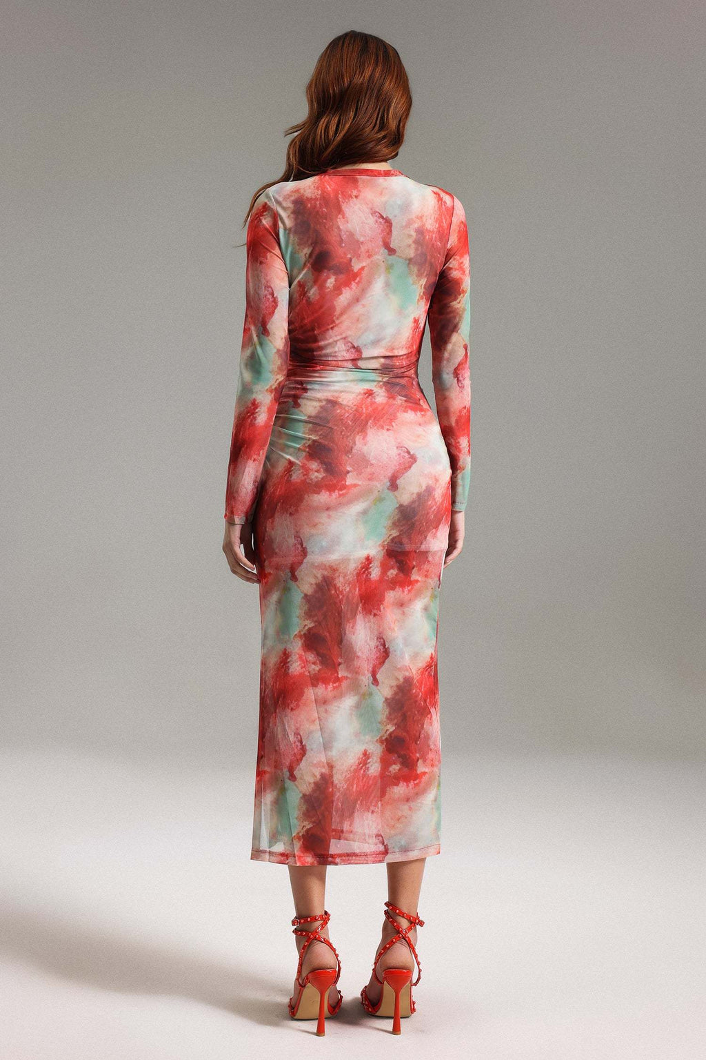 Rossella Red Watercolor Print Mesh Midi Dress