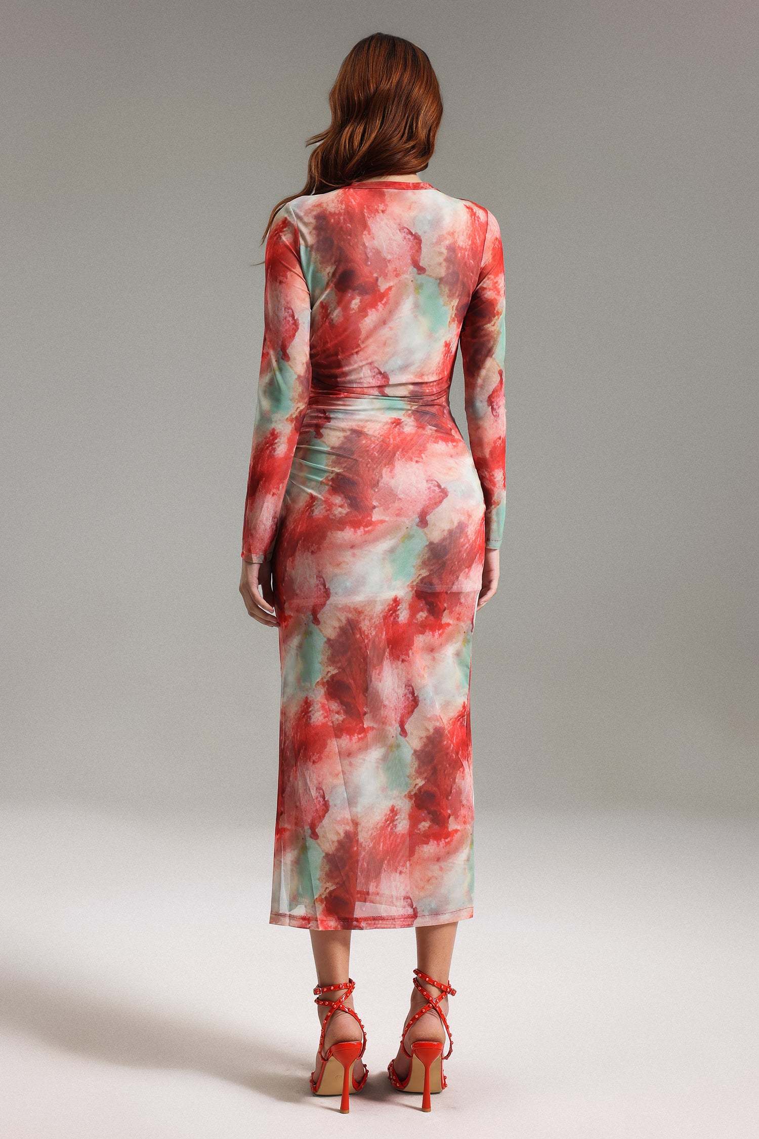 Rossella Red Watercolor Print Mesh Midi Dress