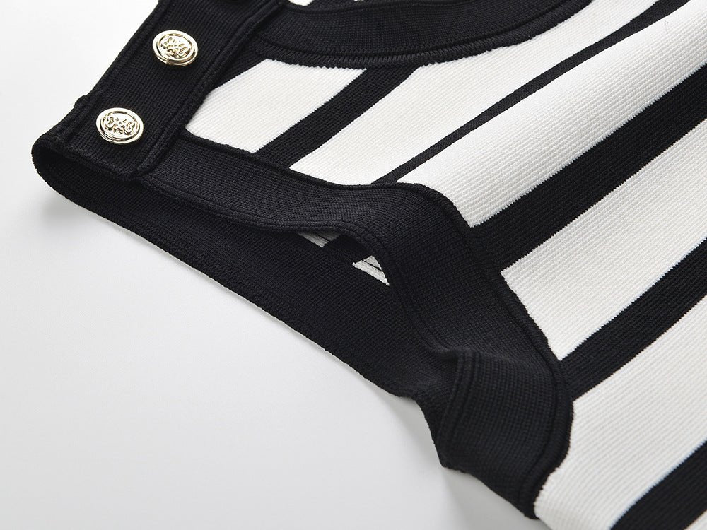 Rowan Dress - Body - Con Style - Sleeveless With Striped Pattern - Gold Button Accents - Ideal for Spring/summer