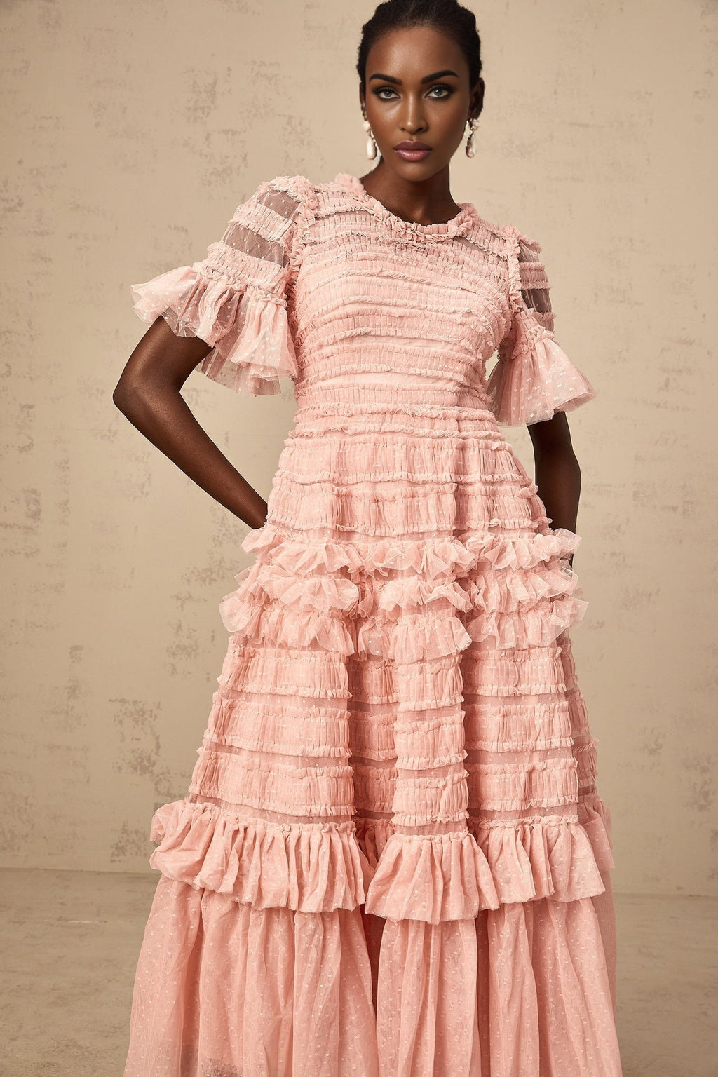 Rowan Midi Dress Pink Tulle Ruffled Dot Tiered Skirt