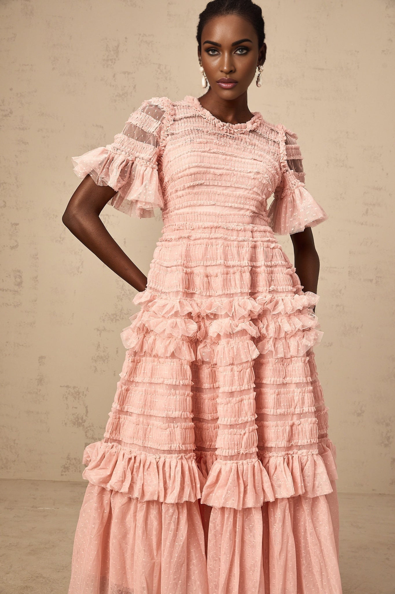 Rowan Midi Dress Pink Tulle Ruffled Dot Tiered Skirt