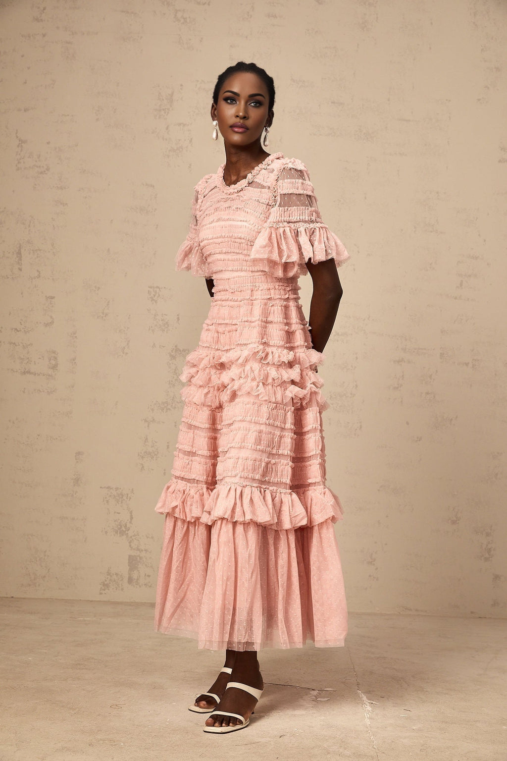 Rowan Midi Dress Pink Tulle Ruffled Dot Tiered Skirt
