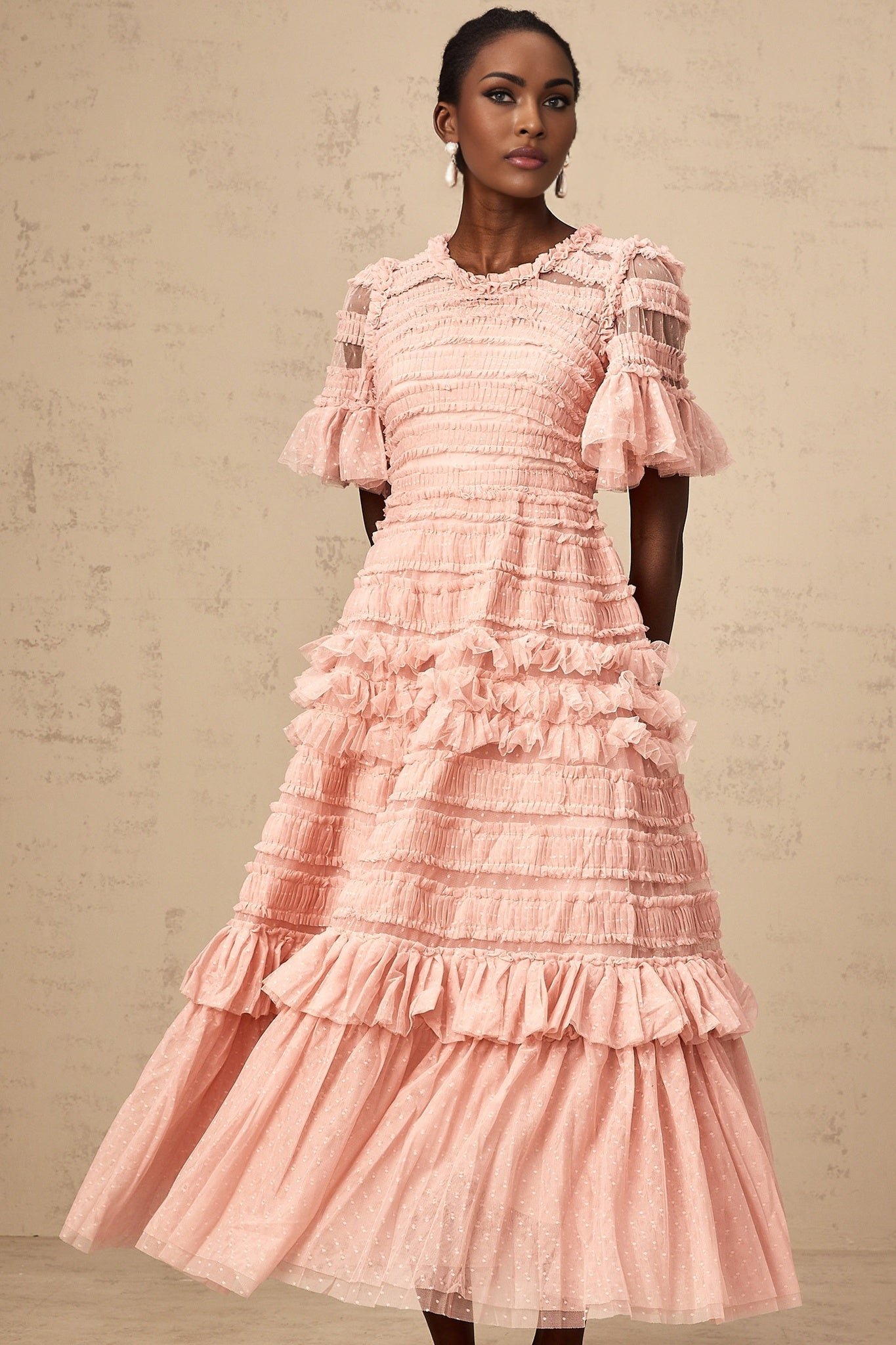 Rowan Midi Dress Pink Tulle Ruffled Dot Tiered Skirt