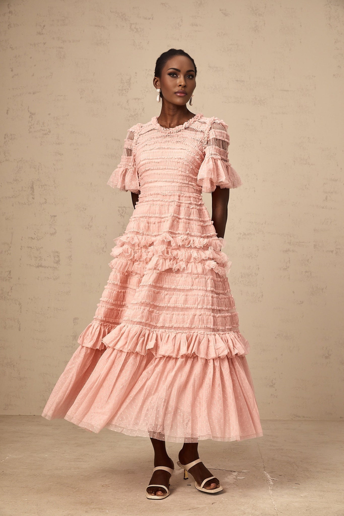 Rowan Midi Dress Pink Tulle Ruffled Dot Tiered Skirt