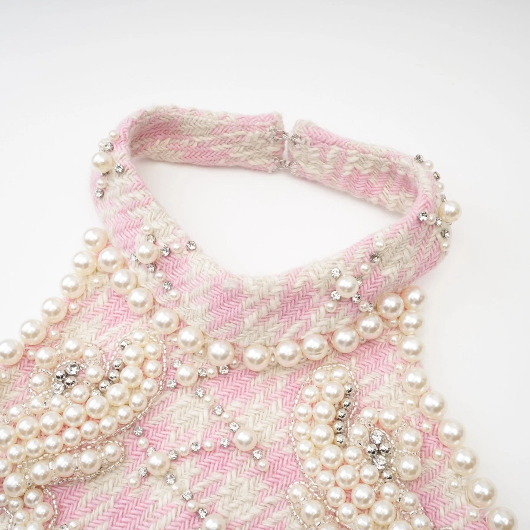 Rowan Mini Dress Pink Halterneck with Faux Pearl Embellishment
