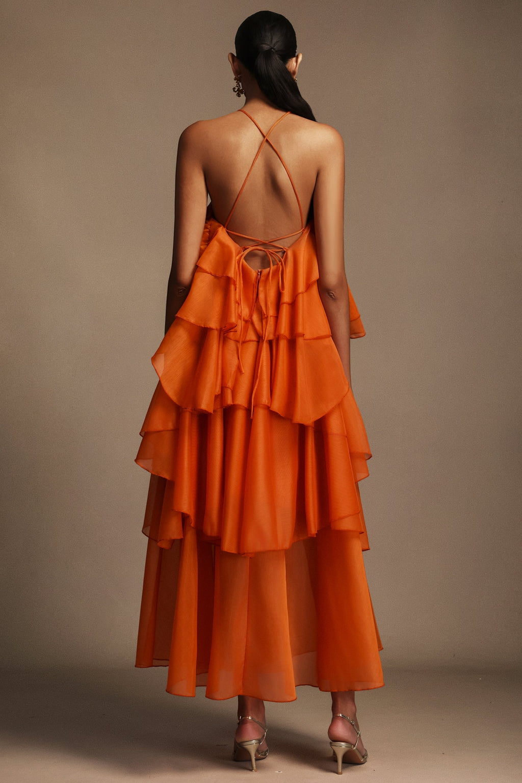 Rowan Orange Floral Maxi Dress Sleeveless Layered Folds Lightweight Fabric Elegant Chic Sophisticated Fit
