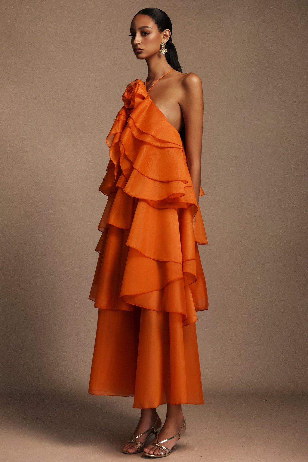 Rowan Orange Maxi Dress Sleeveless Floral Detail Lightweight Fabric Elegant Flair