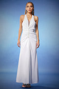 Rowan White Maxi Dress Deep V Neckline Halter Style Button Detail Elegant