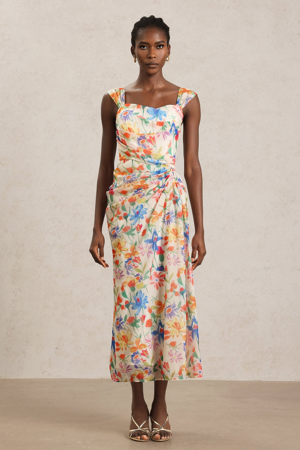 Ruby Beige Floral Maxi Dress Lightweight Halter Neckline Vibrant Prints Chic Comfortable Fit Versatile Elegant Sophisticated Quality Craftsmanship