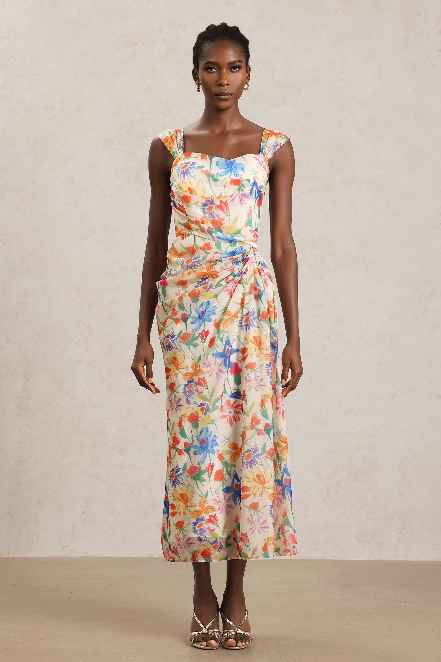 Ruby Beige Floral Maxi Dress Lightweight Halter Neckline Vibrant Prints Chic Comfortable Fit Versatile Elegant Sophisticated Quality Craftsmanship
