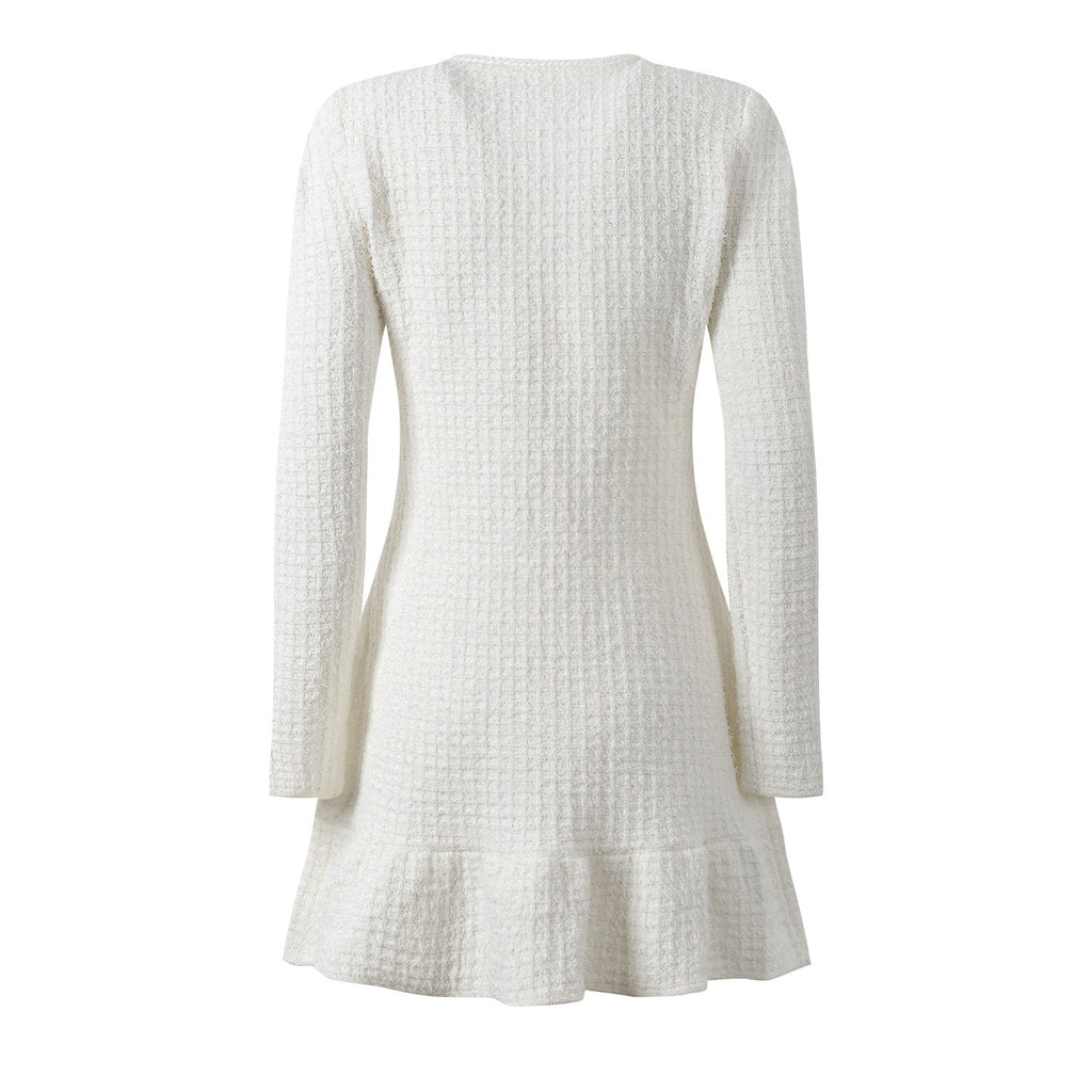 Ruby Dress - A - Line Silhouette - Tailored Fit - Textured Fabric - Button Detailing - Chic Vintage - Inspired Look