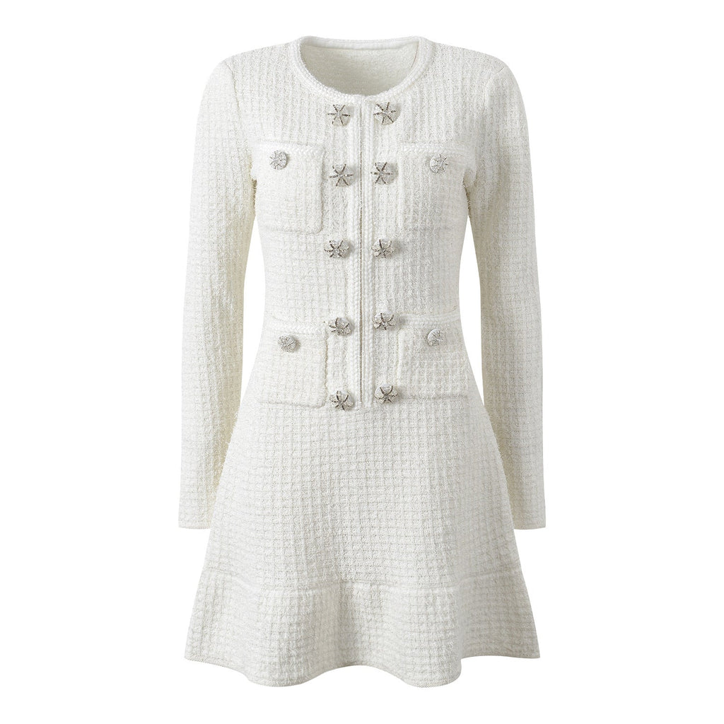 Ruby Dress - A - Line Silhouette - Tailored Fit - Textured Fabric - Button Detailing - Chic Vintage - Inspired Look