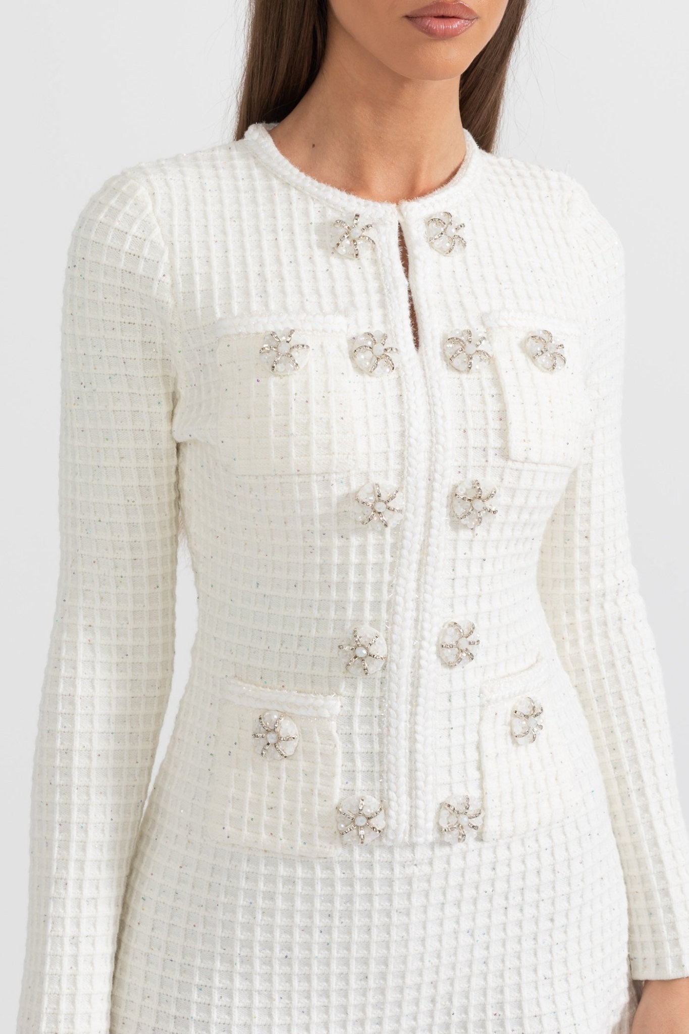 Ruby Dress - A - Line Silhouette - Tailored Fit - Textured Fabric - Button Detailing - Chic Vintage - Inspired Look