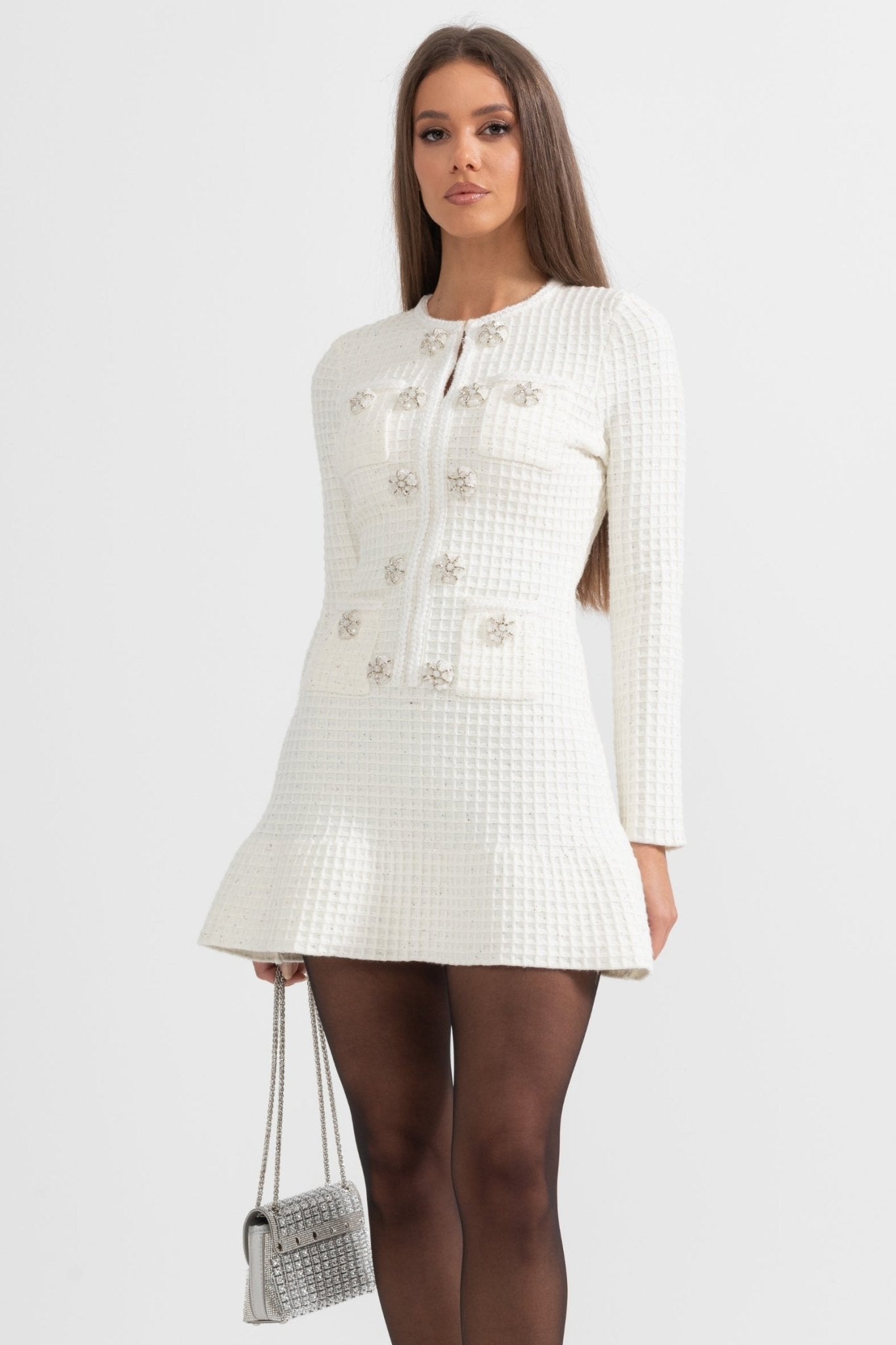 Ruby Dress - A - Line Silhouette - Tailored Fit - Textured Fabric - Button Detailing - Chic Vintage - Inspired Look