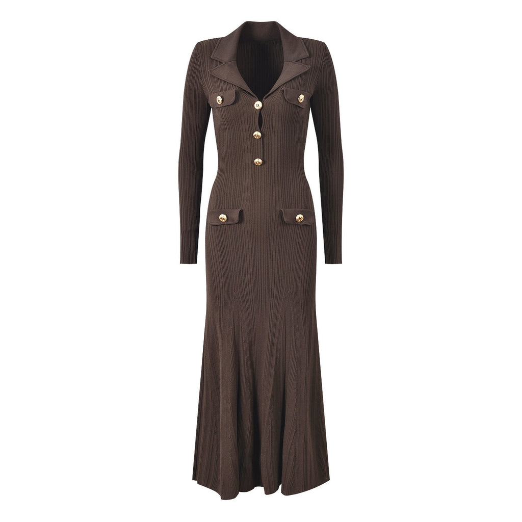 Ruby Maxi Dress - Form - fitting Silhouette - Button - Up Collar - Tailored Fit - Ribbed Knit Material - Gold Button Details