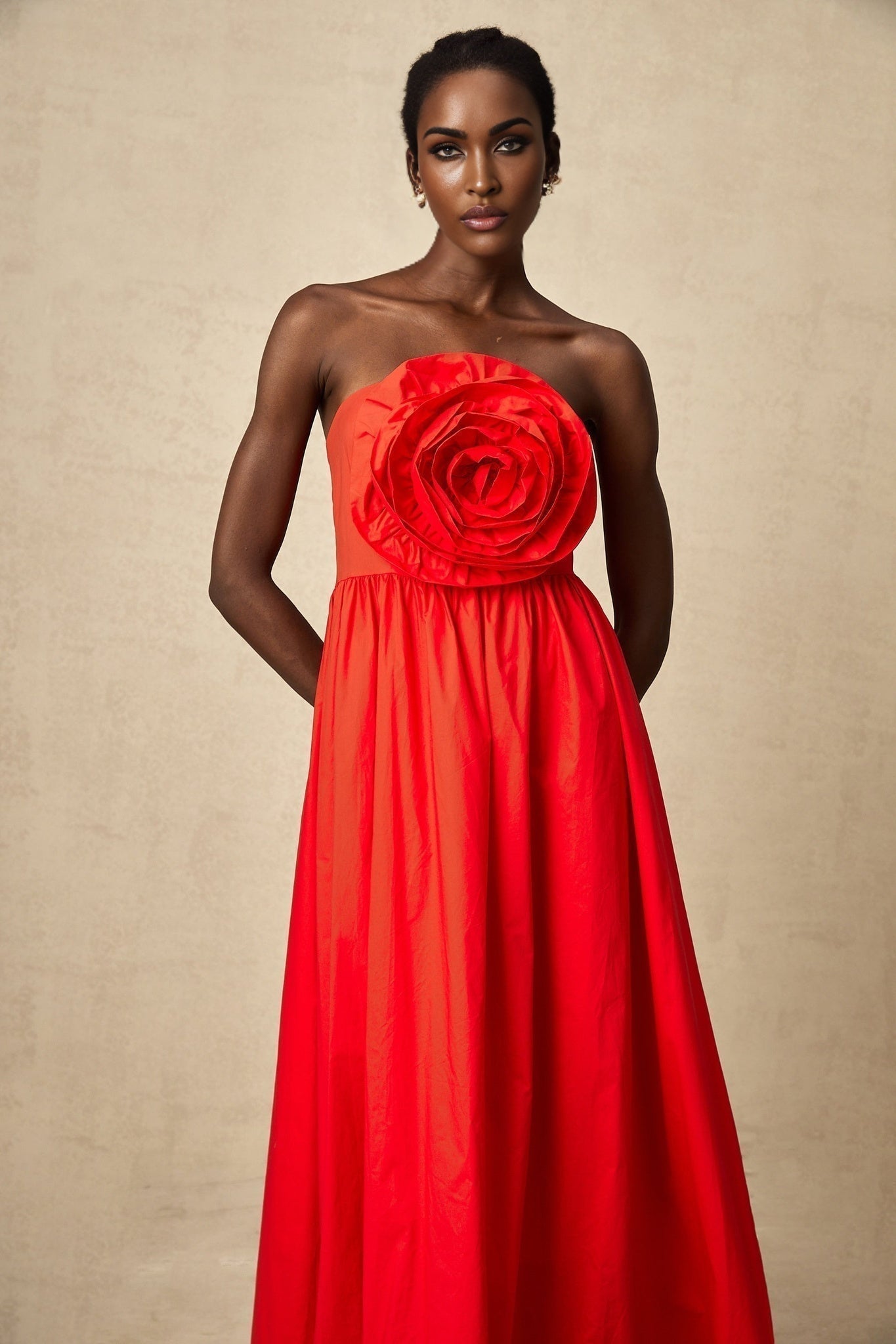 Ruby Maxi Dress in Stunning Red with Off - Shoulder Design and 3D Petal Details
