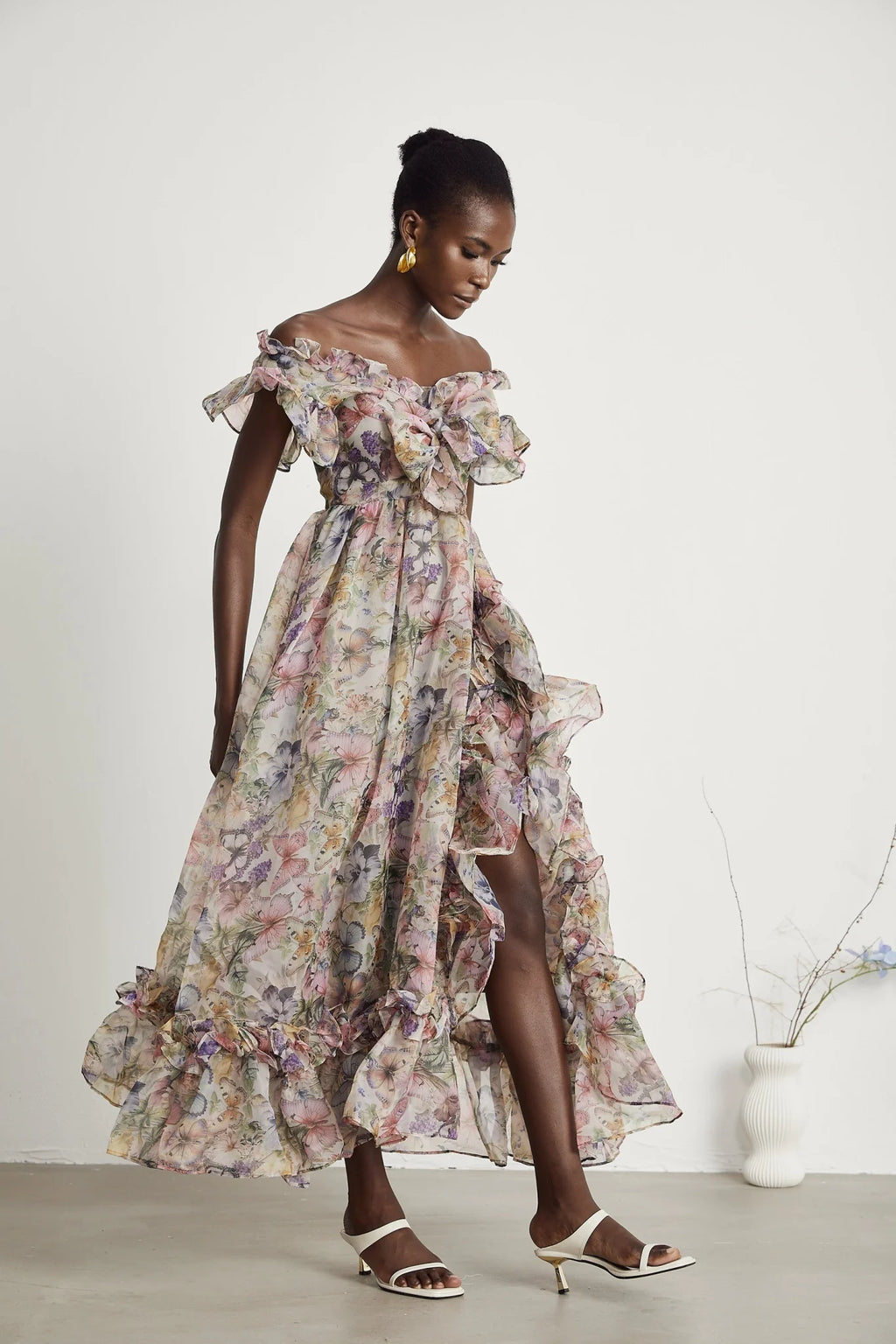 Ruby Midi Dress Pink Floral Flounce & Tulle Side Slit