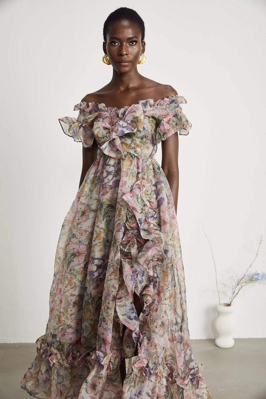 Ruby Midi Dress Pink Floral Flounce & Tulle Side Slit