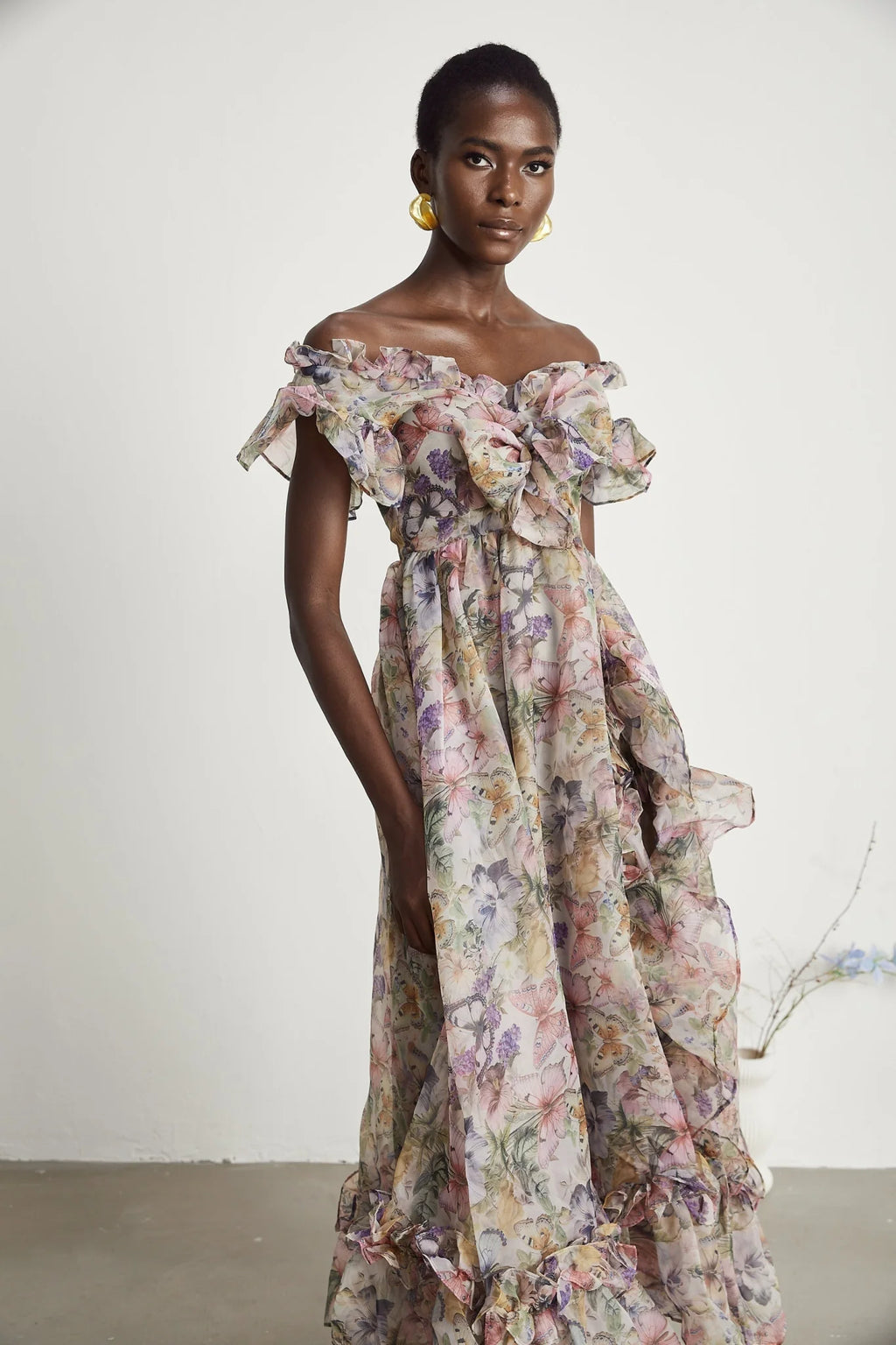 Ruby Midi Dress Pink Floral Flounce & Tulle Side Slit