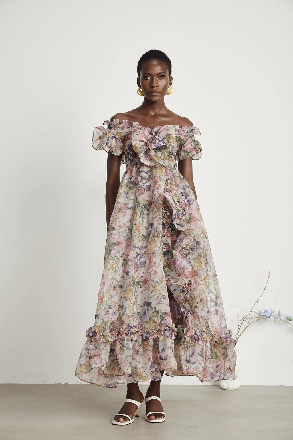 Ruby Midi Dress Pink Floral Flounce & Tulle Side Slit