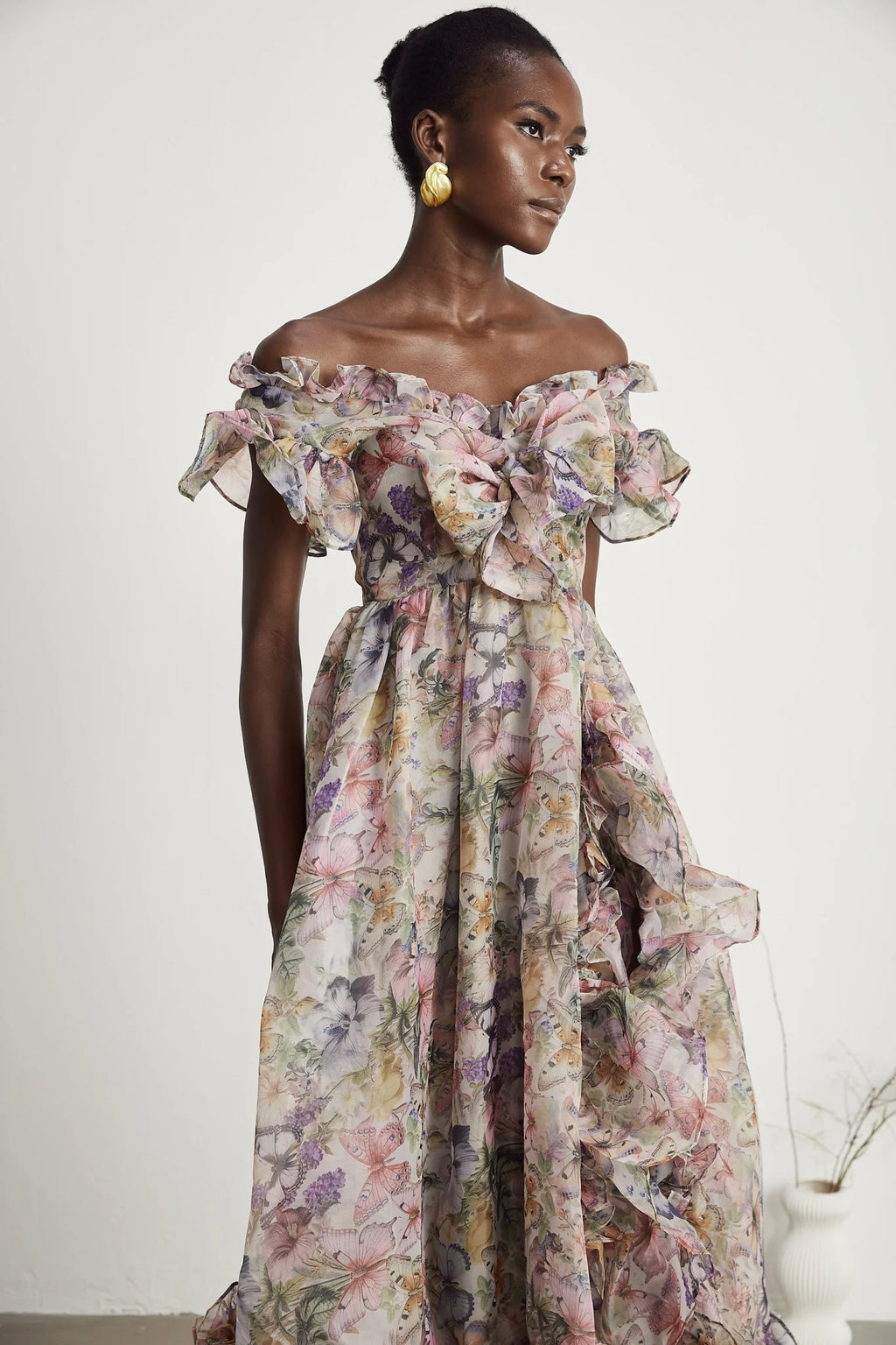 Ruby Midi Dress Pink Floral Flounce & Tulle Side Slit