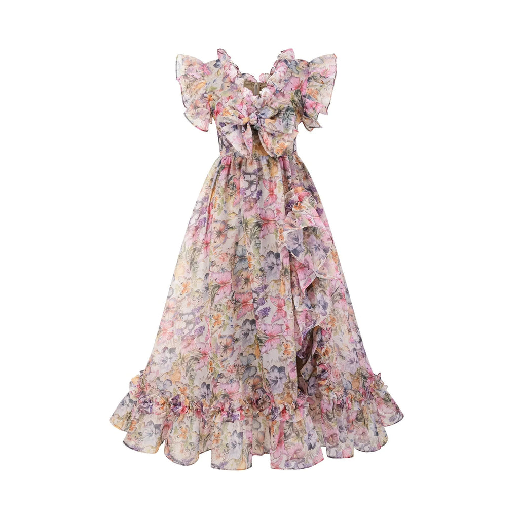 Ruby Midi Dress Pink Floral Flounce & Tulle Side Slit