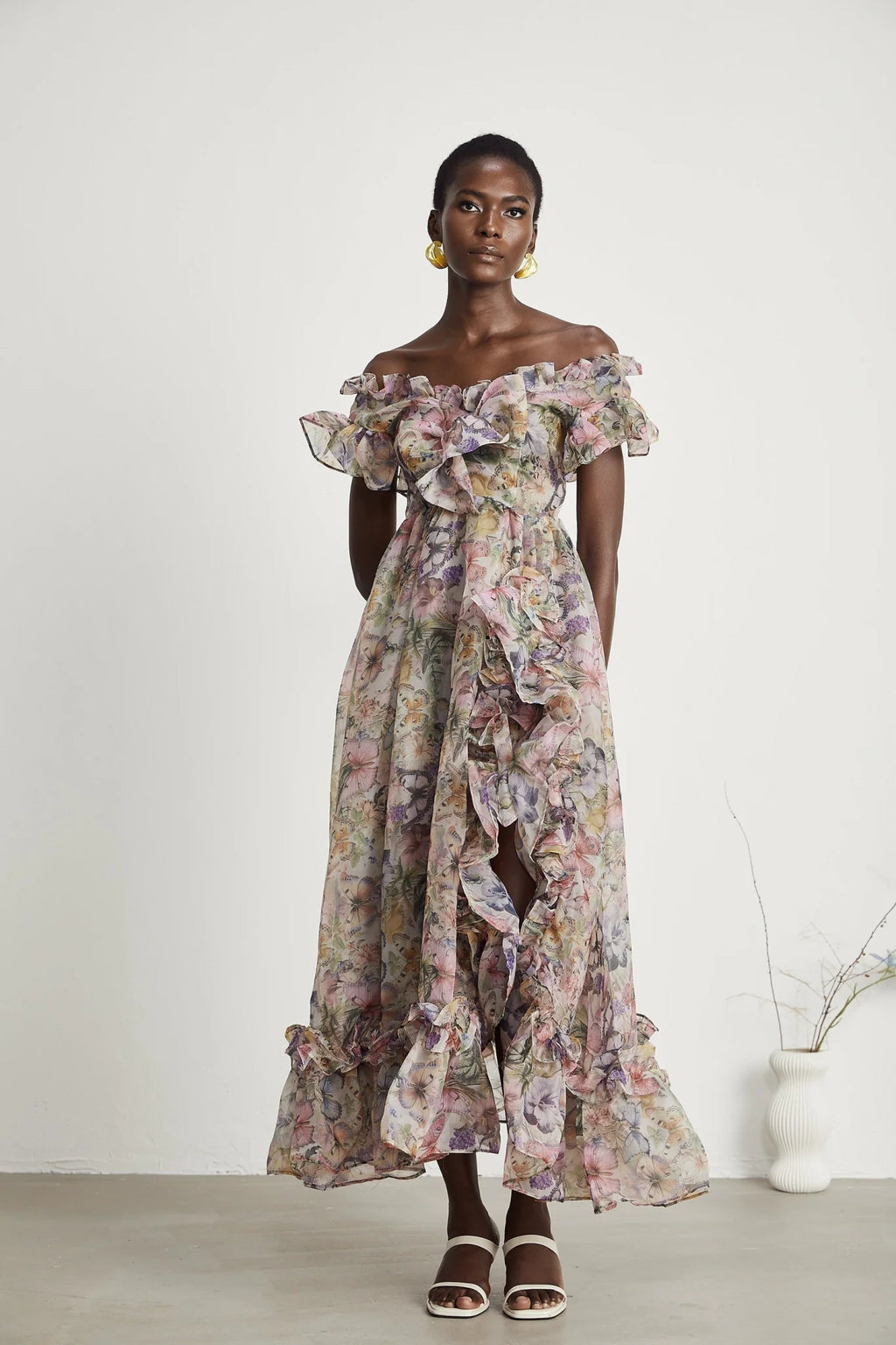 Ruby Midi Dress Pink Floral Flounce & Tulle Side Slit