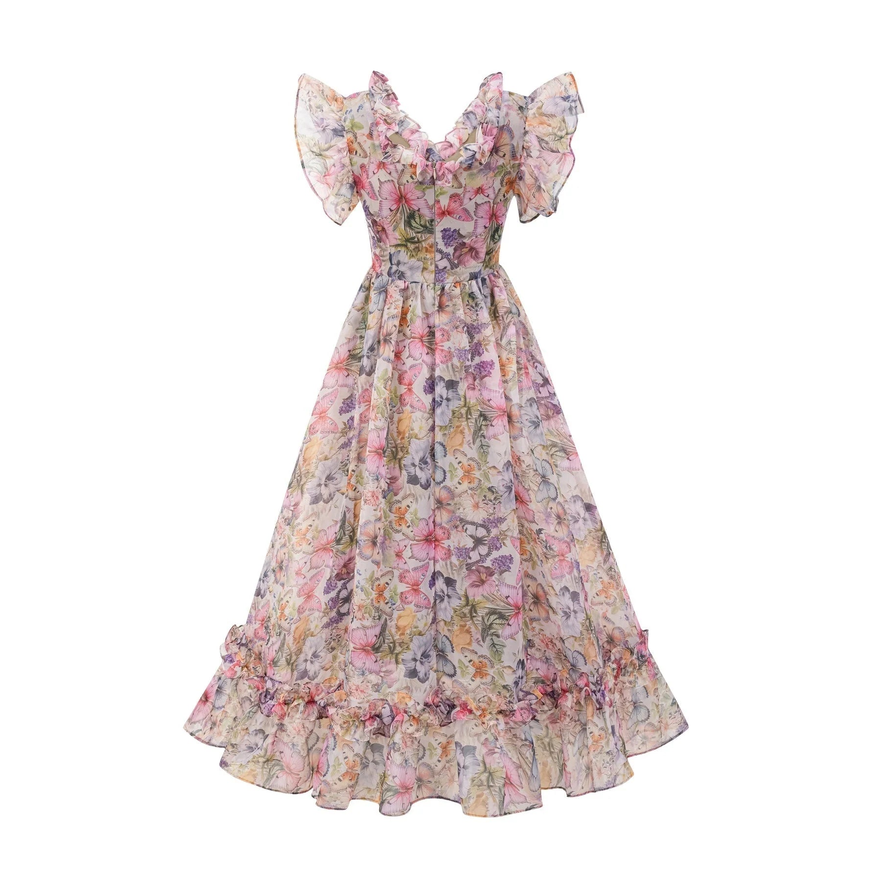 Ruby Midi Dress Pink Floral Flounce & Tulle Side Slit