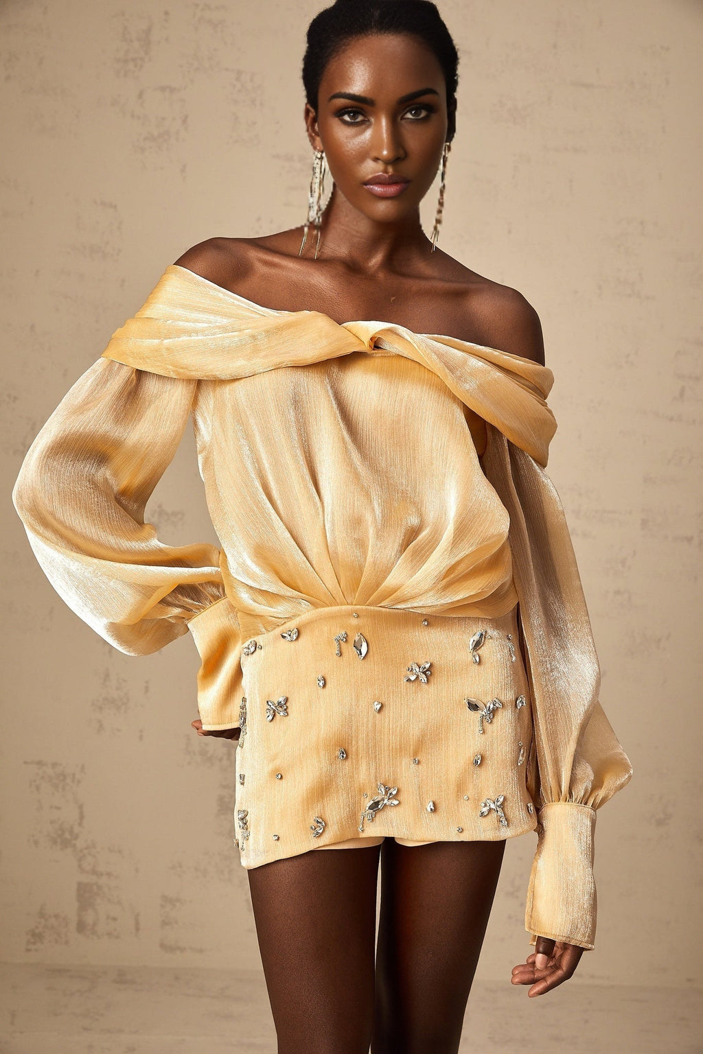 Ruby Mini Dress Gold Crystal Off Shoulder Puff Sleeve Sparkle