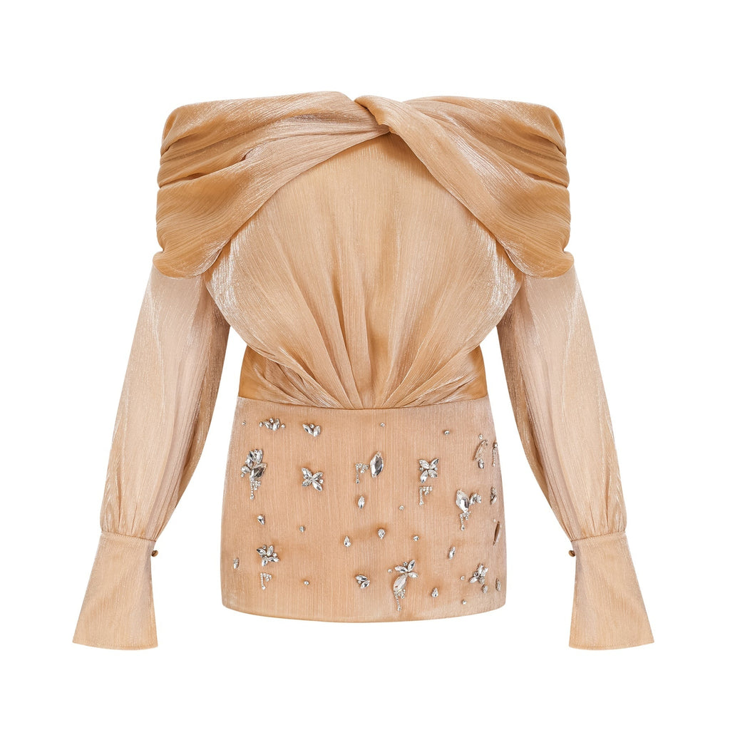 Ruby Mini Dress Gold Crystal Off Shoulder Puff Sleeve Sparkle