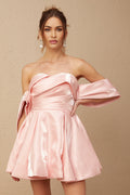 Ruby Mini Dress Pink Satin Off Shoulder Puff Ruffle Chic