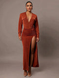 Rylan Bodysuit - High Stretch Fabric Elasticity - Regular Fit - Deep V Neckline - Long Sleeve Length - Ruched, Wrap, Split Thigh