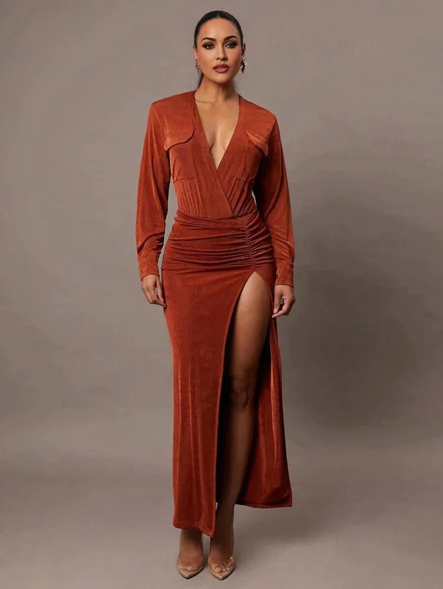 Rylan Bodysuit - High Stretch Fabric Elasticity - Regular Fit - Deep V Neckline - Long Sleeve Length - Ruched, Wrap, Split Thigh