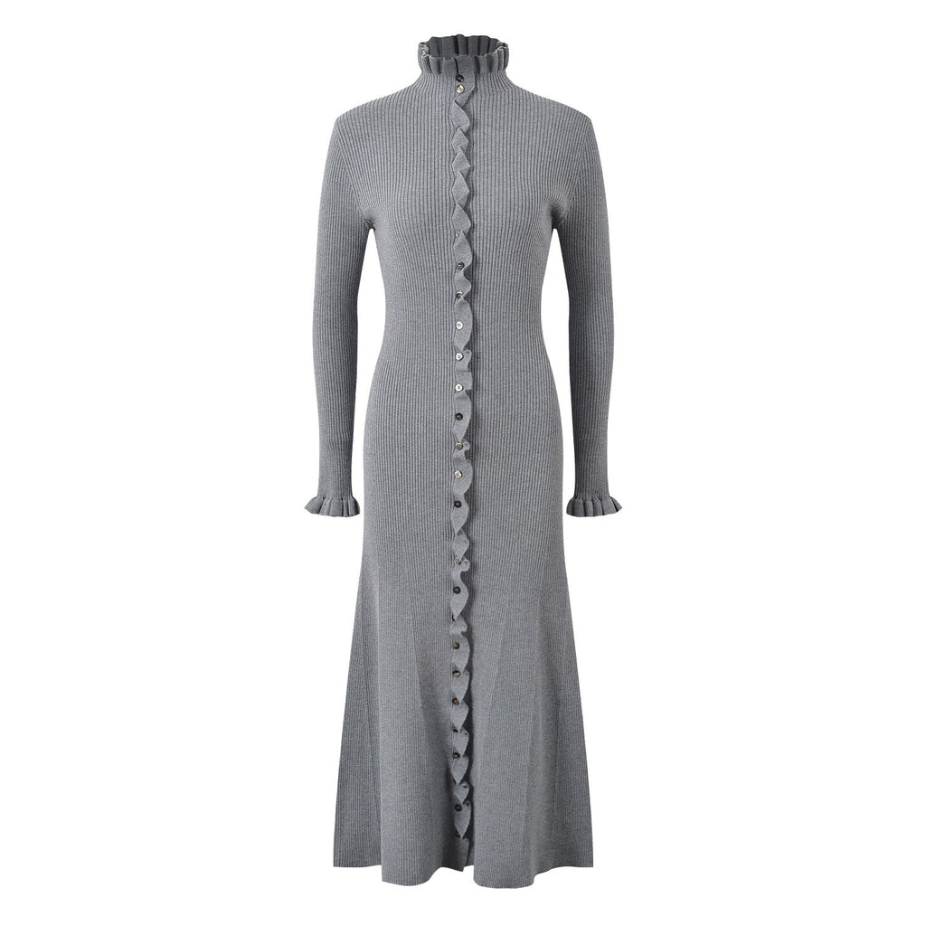 Rylan Long Fitted Ribbed Sweater - Button - Down Front with Scalloped Trim and Ruffled Hem